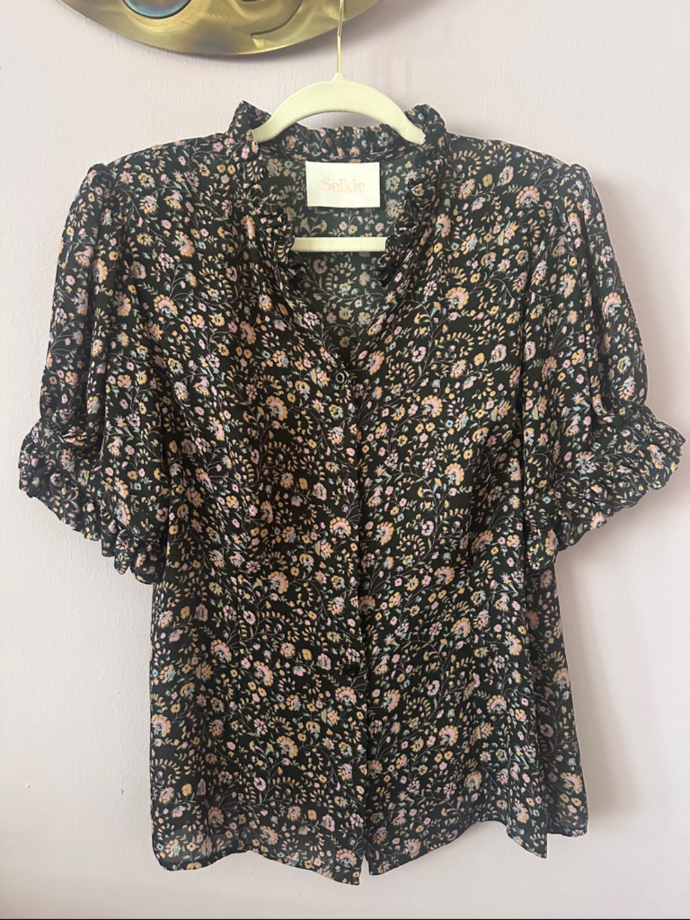 Selkie Black Floral Ruffle-Sleeve Button Front Blouse